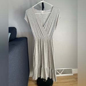 Gray and white striped v-neck dress